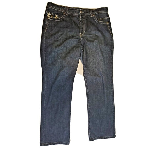Women's Jeans Sz 16 High Waist Embroider Pockets Dark Wash Denim Straight Leg - Picture 1 of 12